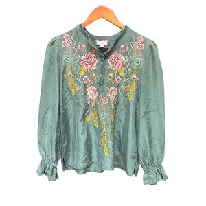 Johnny Was silk blouse green embroidered bird print floral western XS small